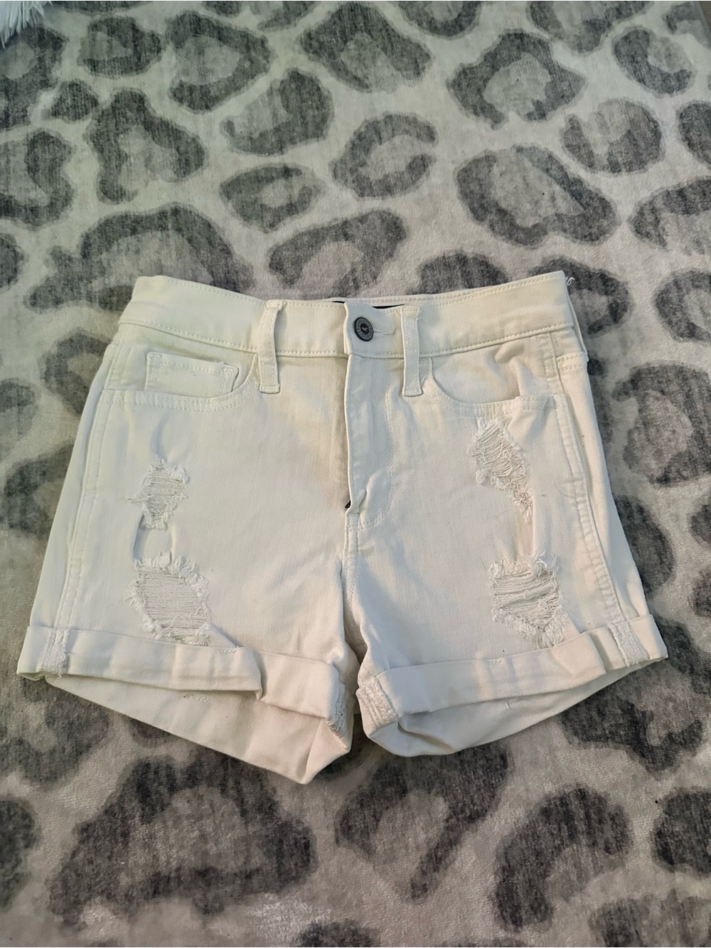 Hollister White Distressed Rolled-Hem Denim Shorts
